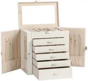 6-Tier PU Leather Jewelry Organizer,Multi-functional Storage Case with Mirror,Accessories Holder with 5 Drawers for Necklace Bracelets Watches(Pearl White) 6-Tier PU Leather Jewelry Organizer,Multi-functional Storage Case with Mirror,Accessories Holder with 5 Drawers for Necklace Bracelets Watches(Pearl White)