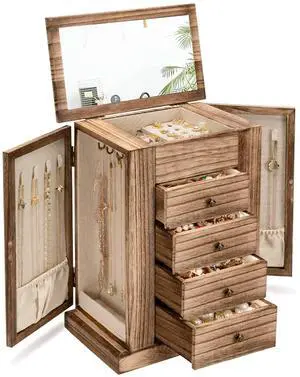Jewelry Box for Women, 5 Layer Large Wood Boxes & Organizers for Necklaces Earrings Rings Bracelets, Rustic Organizer with Drawers and Mirror(Carbonized Black) Jewelry Box for Women, 5 Layer Large Wood Boxes & Organizers for Necklaces Earrings Rings Bracelets, Rustic Organizer with Drawers and Mirror(Carbonized Black)