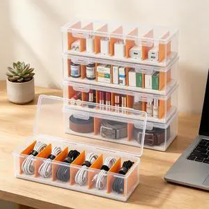 5 Pack Clear Cable Organizer Box with Lid, Plastic Cord Storage Case for Chargers, Power Cords, Electronics Accessories Transparent Desk Organizer, Stackable, Adjustable Dividers 5 Pack Clear Cable Organizer Box with Lid, Plastic Cord Storage Case for Chargers, Power Cords, Electronics Accessories Transparent Desk Organizer, Stackable, Adjustable Dividers