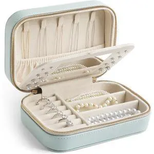Genuine Leather Travel Jewelry Organizer Case with Mirror for Women, Small Mini Portable Jewelry Box for Ring Earrings Necklace Bracelet Luxury Gift for WomenCyan Genuine Leather Travel Jewelry Organizer Case with Mirror for Women, Small Mini Portable Jewelry Box for Ring Earrings Necklace Bracelet Luxury Gift for WomenCyan