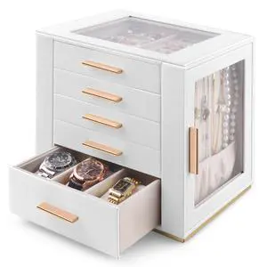 5-Layer Jewelry Box for Women, Glass Lid Jewelry Organizer and Storage with 5 Drawers for Necklaces, Rings, Earrings, Bracelets, Gift for Girls and Teens,PU Leather (White) 5-Layer Jewelry Box for Women, Glass Lid Jewelry Organizer and Storage with 5 Drawers for Necklaces, Rings, Earrings, Bracelets, Gift for Girls and Teens,PU Leather (White)