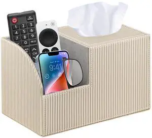 Square Multi-Functional Tissue Box Cover with Storage and Remote Control Holder - Cube Tissue Box Organizer for Bathroom, Nightstand, End Table Square Multi-Functional Tissue Box Cover with Storage and Remote Control Holder - Cube Tissue Box Organizer for Bathroom, Nightstand, End Table