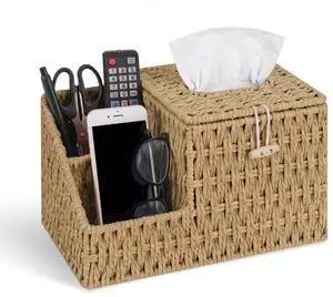 Tissue Box Cover with Storage, Wicker Paper Rope Square Tissue Box Holder Tissue Box Cover with Storage, Wicker Paper Rope Square Tissue Box Holder