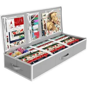 41.5" Wrapping Paper Storage Organizer - Fits 40 Rolls with Adjustable Straps, Interior Divider for Ribbons & Bows, 3 Clear Pockets for Gift Bags & Tools, 41.5''L x 16''W, Gray 41.5" Wrapping Paper Storage Organizer - Fits 40 Rolls with Adjustable Straps, Interior Divider for Ribbons & Bows, 3 Clear Pockets for Gift Bags & Tools, 41.5''L x 16''W, Gray
