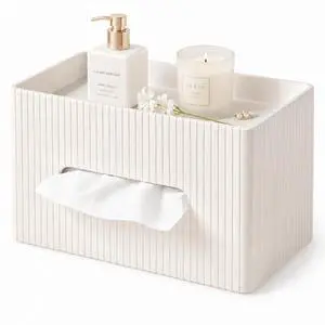 Ribbed PU Leather Tissue Box Cover with Storage Tray, Rectangular Facial Tissue Holder for Bathroom Vanity, Nightstand & Office Desk, Modern Decorative Tissue Dispenser (Ivory White) Ribbed PU Leather Tissue Box Cover with Storage Tray, Rectangular Facial Tissue Holder for Bathroom Vanity, Nightstand & Office Desk, Modern Decorative Tissue Dispenser (Ivory White)