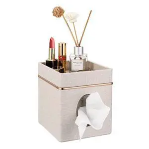 Linen Square Tissue Box Cover - Decorative Cube Tissue Box Holder with Tray, Stylish Tissue Box for Bathroom Toilet Tank Vanity Dresser Table Office Bar Restaurant, Beige Linen Square Tissue Box Cover - Decorative Cube Tissue Box Holder with Tray, Stylish Tissue Box for Bathroom Toilet Tank Vanity Dresser Table Office Bar Restaurant, Beige