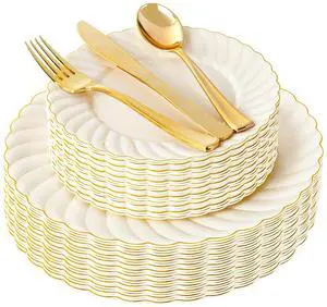 125PCS Scalloped Plastic Plates - Ivory Scalloped Disposable Plates - Gold Plastic Dinnerware Set Include 50 Plates, 75 Gold Silverware for Party & Wedding 125PCS Scalloped Plastic Plates - Ivory Scalloped Disposable Plates - Gold Plastic Dinnerware Set Include 50 Plates, 75 Gold Silverware for Party & Wedding