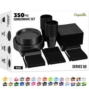350 Pcs Black Plastic Plates For Party, Black Disposable Plates Set, 50 Of Each 9" Dinner Plate Set, 7" Dessert Plate, Cups, Napkins & Cutlery Plastic Dinnerware Set Exquisite 350 Pcs Black Plastic Plates For Party, Black Disposable Plates Set, 50 Of Each 9" Dinner Plate Set, 7" Dessert Plate, Cups, Napkins & Cutlery Plastic Dinnerware Set Exquisite