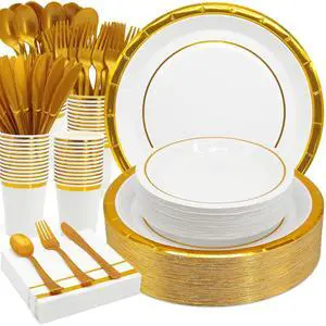 Gold White Paper Plates Set, 350PCS Disposable Tableware for 50 Gold White Paper Plates Set, 350PCS Disposable Tableware for 50