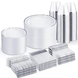 600 PCS Silver Disposable Dinnerware Set for 100 Guests, Wedding Reception Plates & Silver Plastic Tableware, Dinner & Salad Plates, Cups, Forks, Knives & Spoons for Weddings & Elegant Events 600 PCS Silver Disposable Dinnerware Set for 100 Guests, Wedding Reception Plates & Silver Plastic Tableware, Dinner & Salad Plates, Cups, Forks, Knives & Spoons for Weddings & Elegant Events