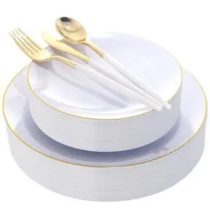 150Pcs Gold Plastic Plates with Disposable Silverware,White Gold Disposable Dinnerware Set - 30 Dinner Plate,30 Dessert Plate,90 Gold Cutlery with White Handles,Fancy Plates for Party Wedding 150Pcs Gold Plastic Plates with Disposable Silverware,White Gold Disposable Dinnerware Set - 30 Dinner Plate,30 Dessert Plate,90 Gold Cutlery with White Handles,Fancy Plates for Party Wedding