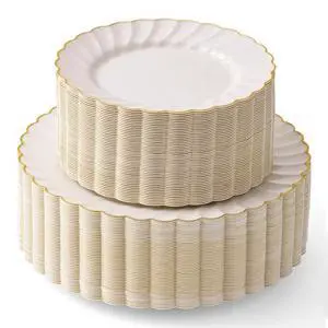 HEAVYWEIGHT Gold Scalloped Plastic Plates for Party Wedding 100 Pc HEAVYWEIGHT Gold Scalloped Plastic Plates for Party Wedding 100 Pc