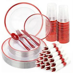350pcs Plastic Plates for Party Clear & Red 350pcs Plastic Plates for Party Clear & Red