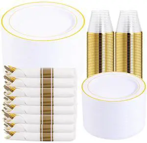 350PCS Gold Plastic Dinnerware Set for 50 Guests, Fancy Disposable Plates for Party, Include: 50 Dinner Plates, 50 Dessert Plates, 50 Pre Rolled Napkins with Gold Silverware, 50 Cups 350PCS Gold Plastic Dinnerware Set for 50 Guests, Fancy Disposable Plates for Party, Include: 50 Dinner Plates, 50 Dessert Plates, 50 Pre Rolled Napkins with Gold Silverware, 50 Cups