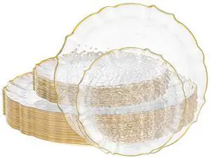 40PCS Clear and Gold Plastic Plates - Fancy Lace-Edge Clear Plates with Gold Trim Hammered Disposable - Include 20 Each(Dinner&Dessert) for Party & Wedding 40PCS Clear and Gold Plastic Plates - Fancy Lace-Edge Clear Plates with Gold Trim Hammered Disposable - Include 20 Each(Dinner&Dessert) for Party & Wedding