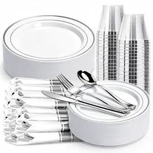 175 PCS White and Silver Plastic Dinnerware Set for 25 Guests, Disposable Party Plates for 25 Guests, Include: 50 Plastic Plates, 25 Pre Rolled Napkins with Silver Silverware, 25 Cups 175 PCS White and Silver Plastic Dinnerware Set for 25 Guests, Disposable Party Plates for 25 Guests, Include: 50 Plastic Plates, 25 Pre Rolled Napkins with Silver Silverware, 25 Cups