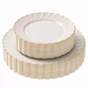 HEAVYWEIGHT Ivory and Gold Scalloped Plates for Party 60 Pcs HEAVYWEIGHT Ivory and Gold Scalloped Plates for Party 60 Pcs