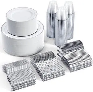 600 Ct Silver Dinnerware Set for 100 Guests - Silver Rimmed Disposable Plastic Plates, Includes 100 Dinner & Salad Plates, Cups, Cutlery Set for Wedding Parties 600 Ct Silver Dinnerware Set for 100 Guests - Silver Rimmed Disposable Plastic Plates, Includes 100 Dinner & Salad Plates, Cups, Cutlery Set for Wedding Parties