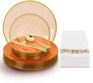 180PCS Orange Plastic Plates with Gold Trim, Disposable Party Dinnerware Set for 30 Guests, Include 30 Dinner and Salad Plates, Napkins, Forks, Spoons, Knives, Perfect for Wedding, Dinner Party 180PCS Orange Plastic Plates with Gold Trim, Disposable Party Dinnerware Set for 30 Guests, Include 30 Dinner and Salad Plates, Napkins, Forks, Spoons, Knives, Perfect for Wedding, Dinner Party