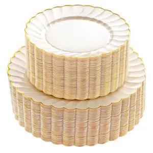 100PCS Ivory Scalloped Plastic Plates - Heavy Duty Gold Disposable Fancy Hard Plates Include 50 Dinner Plate, 50 Dessert Plate, for Wedding & Party 100PCS Ivory Scalloped Plastic Plates - Heavy Duty Gold Disposable Fancy Hard Plates Include 50 Dinner Plate, 50 Dessert Plate, for Wedding & Party