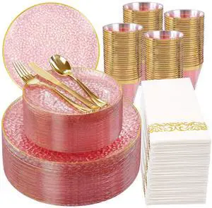 350 Pcs Clear Pink Plastic Plates, Pink Gold Plastic Dinnerware Set (50 Guests), Disposable Plates With Gold Rim, Hammered Party Plates Set for Wedding And Party 350 Pcs Clear Pink Plastic Plates, Pink Gold Plastic Dinnerware Set (50 Guests), Disposable Plates With Gold Rim, Hammered Party Plates Set for Wedding And Party