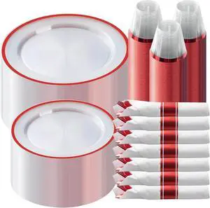 350 Piece Red Plastic Dinnerware Set for Party, Clear Disposable Plates for 50 Guests, Includes 100 Plates, 50 Pre Rolled Napkins with Cutlery Set, 50 Cups for Graduation, Wedding, Christmas 350 Piece Red Plastic Dinnerware Set for Party, Clear Disposable Plates for 50 Guests, Includes 100 Plates, 50 Pre Rolled Napkins with Cutlery Set, 50 Cups for Graduation, Wedding, Christmas
