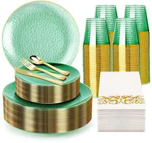 350PCS Green Gold Plastic Dinnerware Set, Green and Gold Plastic Plates, Include 100 Plastic Plates, 150 Gold Disposable Silverware, 50 Cups and 50 Napkins for Party and Wedding 350PCS Green Gold Plastic Dinnerware Set, Green and Gold Plastic Plates, Include 100 Plastic Plates, 150 Gold Disposable Silverware, 50 Cups and 50 Napkins for Party and Wedding