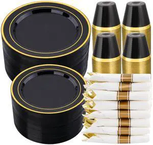 350 PCS Black Plastic Dinnerware Set for 50 Guests, 100 Disposable Plates for Party, 50 Pre Rolled Napkins with Gold Silverware, 50 Cups for Graduation 350 PCS Black Plastic Dinnerware Set for 50 Guests, 100 Disposable Plates for Party, 50 Pre Rolled Napkins with Gold Silverware, 50 Cups for Graduation