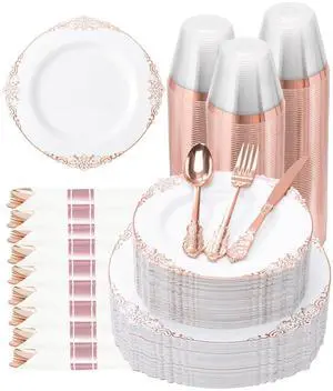 350 Piece Rose Gold Plastic Dinnerware Set for 50 Guests,Fancy Disposable Plates,Include: 100 Rose Gold Rim Plastic Plates,150 Silverwares,50 Pre Rolled Napkins,50 Cups for Party,Wedding 350 Piece Rose Gold Plastic Dinnerware Set for 50 Guests,Fancy Disposable Plates,Include: 100 Rose Gold Rim Plastic Plates,150 Silverwares,50 Pre Rolled Napkins,50 Cups for Party,Wedding