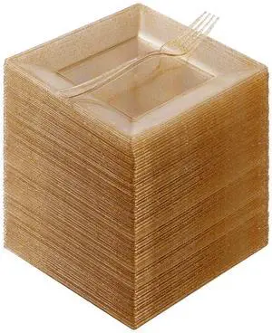 240PCS 6.5" Square Gold Glitter Dessert Plastic Plates with 7.4" Forks, Gold Appetizer Plates for 120 Guests, Including 120 Disposable Cake Plastic Plates and 120 Forks for Wedding/Birthday 240PCS 6.5" Square Gold Glitter Dessert Plastic Plates with 7.4" Forks, Gold Appetizer Plates for 120 Guests, Including 120 Disposable Cake Plastic Plates and 120 Forks for Wedding/Birthday