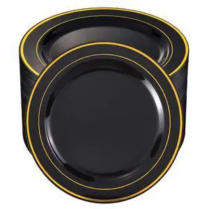 100 Pieces Black and Gold Plastic Dinner Plates - 10.25 inch Black Disposable Plates with Gold Rim - Ideal for Party, Graduation & New Year 100 Pieces Black and Gold Plastic Dinner Plates - 10.25 inch Black Disposable Plates with Gold Rim - Ideal for Party, Graduation & New Year
