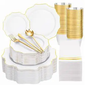 350PCS White and Gold Plastic Plates - Gold Plates Disposable 50Guest Plastic Dinnerware Ideal for Party/Wedding/Birthday 350PCS White and Gold Plastic Plates - Gold Plates Disposable 50Guest Plastic Dinnerware Ideal for Party/Wedding/Birthday
