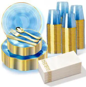 175PCS Blue Plastic Plates with Gold Rim, Disposable Party Dinnerware Set for 25 Guests, Include 25 Dinner and Salad Plates, Napkins, Forks, Spoons, Knives, Cups, Perfect for Party 175PCS Blue Plastic Plates with Gold Rim, Disposable Party Dinnerware Set for 25 Guests, Include 25 Dinner and Salad Plates, Napkins, Forks, Spoons, Knives, Cups, Perfect for Party