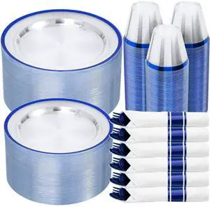 350 PCS Dark Blue Plastic Dinnerware Set for Party, Clear Disposable Plates for 50 Guests, Include: 50 Dinner Plates, 50 Dessert Plates, 50 Pre Rolled Napkins with Cutlery Set, 50 Cups 350 PCS Dark Blue Plastic Dinnerware Set for Party, Clear Disposable Plates for 50 Guests, Include: 50 Dinner Plates, 50 Dessert Plates, 50 Pre Rolled Napkins with Cutlery Set, 50 Cups