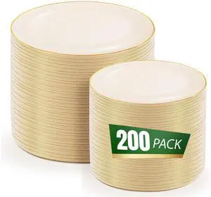200PCS Ivory Plastic Plates with Gold Rim - Heavy Duty Cream Disposable Include 100 Dinner 10 inch & 100 Dessert 7 inch Plates, Ideal for Party & Wedding 200PCS Ivory Plastic Plates with Gold Rim - Heavy Duty Cream Disposable Include 100 Dinner 10 inch & 100 Dessert 7 inch Plates, Ideal for Party & Wedding