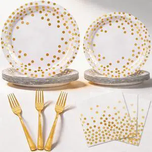 Party Supplies 100 pcs for 25 Guests, Stylish Foil Polka Dots Paper Plates 9 inch & 7 inch, White Paper Napkins Disposable Forks for Garden Party,Birthday,Wedding,and everyday meals Party Supplies 100 pcs for 25 Guests, Stylish Foil Polka Dots Paper Plates 9 inch & 7 inch, White Paper Napkins Disposable Forks for Garden Party,Birthday,Wedding,and everyday meals