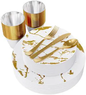 180PCS Disposable Dinnerware Set 30 Guest, 60 White and Gold Plastic Plates, 30 Plastic Silverware, 30 Cups, Marble Design Disposable Dinnerware for Wedding, Thanksgiving and Parties 180PCS Disposable Dinnerware Set 30 Guest, 60 White and Gold Plastic Plates, 30 Plastic Silverware, 30 Cups, Marble Design Disposable Dinnerware for Wedding, Thanksgiving and Parties