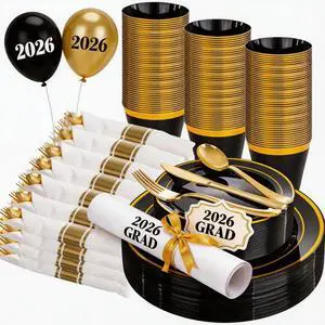 350PCS Black and Gold Plastic Plates - Plastic Dinnerware Set for 50 Guests,Include 50 Dinner Plates, 50 Dessert Plates, 50 Black Cups 9 OZ, 50 Pre Rolled Napkins with Gold Silverware 350PCS Black and Gold Plastic Plates - Plastic Dinnerware Set for 50 Guests,Include 50 Dinner Plates, 50 Dessert Plates, 50 Black Cups 9 OZ, 50 Pre Rolled Napkins with Gold Silverware