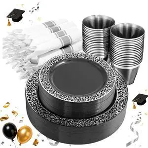 210PCS Black and Silver Dinnerware Set for 30 Guests - Black Plastic Plates with Silver Rim Include 30 Dinner / 30 Dessert Plates, 30 Prewrapped Silverware, 30 Cups Ideal for Party/Graduation 210PCS Black and Silver Dinnerware Set for 30 Guests - Black Plastic Plates with Silver Rim Include 30 Dinner / 30 Dessert Plates, 30 Prewrapped Silverware, 30 Cups Ideal for Party/Graduation