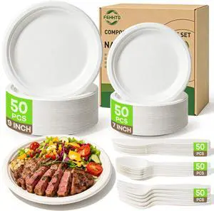 250PCS Disposable Paper Plates Set and Utensils, Compostable Dinnerware 9 and 7inch Plates, Biodegradable Paper Plates, Forks, Knives and Spoons for Party 50 People 250PCS Disposable Paper Plates Set and Utensils, Compostable Dinnerware 9 and 7inch Plates, Biodegradable Paper Plates, Forks, Knives and Spoons for Party 50 People