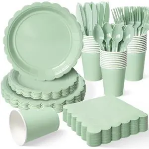 350 Pcs Sage Green Paper Sets for 50 Guests, Disposable Plates Cups Napkins and Cutlery, Birthday Baby Shower Wedding Party Supplies 350 Pcs Sage Green Paper Sets for 50 Guests, Disposable Plates Cups Napkins and Cutlery, Birthday Baby Shower Wedding Party Supplies