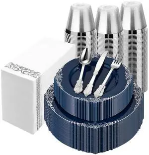 350PCS Navy Blue Plastic Plates for 50 Guests, Disposable Plates with Silver Trim include 50 Dinner and Dessert Plates, 150 Gold Silverware, 50 Cups, 50 Napkins for Party, Wedding 350PCS Navy Blue Plastic Plates for 50 Guests, Disposable Plates with Silver Trim include 50 Dinner and Dessert Plates, 150 Gold Silverware, 50 Cups, 50 Napkins for Party, Wedding