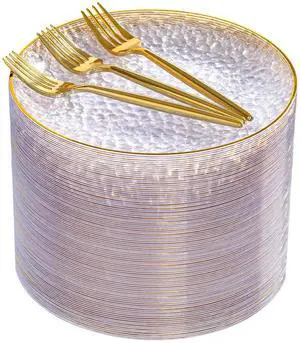 240Pcs Gold Plastic Plates Including 120Pcs Dessert Plates and 120Pcs Cake Forks,Hammered Party Plate,Clear Gold Appetizer plates Heavy duty Disposable Plastic Plate for Party Wedding Birthday 240Pcs Gold Plastic Plates Including 120Pcs Dessert Plates and 120Pcs Cake Forks,Hammered Party Plate,Clear Gold Appetizer plates Heavy duty Disposable Plastic Plate for Party Wedding Birthday