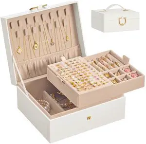 2-Layer Jewelry Box Organizer, Jewelry Storage Case with Removable Tray and Handle, for Necklaces, Earrings, Rings, Bracelets, 6.7 x 8.1 x 3.7 Inches, Gift Idea, Cream White UJBC208WD01 2-Layer Jewelry Box Organizer, Jewelry Storage Case with Removable Tray and Handle, for Necklaces, Earrings, Rings, Bracelets, 6.7 x 8.1 x 3.7 Inches, Gift Idea, Cream White UJBC208WD01