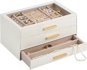 Jewelry Box Organizer, 3-Layer Jewelry Organizers and Storage Case with Glass Lid, Ring Earring Bracelet Necklace Holder Organizer, Mothers Day Gifts for Mom, Women Girls -3Layer, Beige Jewelry Box Organizer, 3-Layer Jewelry Organizers and Storage Case with Glass Lid, Ring Earring Bracelet Necklace Holder Organizer, Mothers Day Gifts for Mom, Women Girls -3Layer, Beige