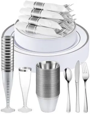 320 PCS Disposable Silver White Plastic Dinner Plate for 40 Guests 320 PCS Disposable Silver White Plastic Dinner Plate for 40 Guests