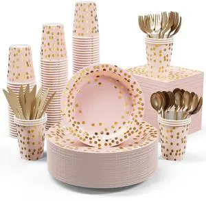 Pink and Gold Party Supplies - 350 PCS Disposable Dinnerware Set - Pink Paper Plates Napkins Cups, Gold Plastic Forks Knives Spoon for Graduation, Birthday, Thanksgiving, Cocktail Party Pink and Gold Party Supplies - 350 PCS Disposable Dinnerware Set - Pink Paper Plates Napkins Cups, Gold Plastic Forks Knives Spoon for Graduation, Birthday, Thanksgiving, Cocktail Party