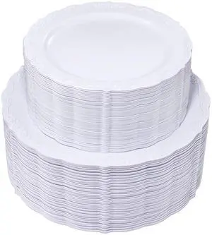 100 Pcs White Plastic Plates - White Disposable Plates - Premium Hard Plastic Disposable Plates for Wedding and Party Use Including 50 Dinner Plates 10 '' & 50 Dessert Plates 7.5 '' 100 Pcs White Plastic Plates - White Disposable Plates - Premium Hard Plastic Disposable Plates for Wedding and Party Use Including 50 Dinner Plates 10 '' & 50 Dessert Plates 7.5 ''