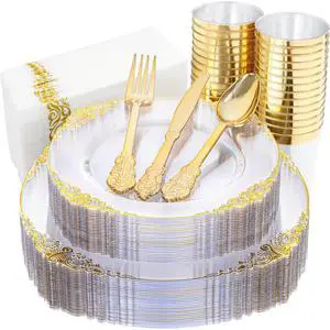 175PCS Clear Gold Plastic Plates - Gold Disposable Dinnerware Set for 25 Guests Include 50 Disposable Plates, 75 Plastic Silverware, 25 Cups, 25 Napkins for Wedding & Party 175PCS Clear Gold Plastic Plates - Gold Disposable Dinnerware Set for 25 Guests Include 50 Disposable Plates, 75 Plastic Silverware, 25 Cups, 25 Napkins for Wedding & Party