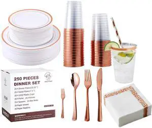 250 Count Rose Gold Disposable Plastic Dinnerware Set, 50 Rose Gold Plastic Plates, 25 Silverware, 25 Cups and Straws, 50 Napkins, Perfect for Wedding Party 250 Count Rose Gold Disposable Plastic Dinnerware Set, 50 Rose Gold Plastic Plates, 25 Silverware, 25 Cups and Straws, 50 Napkins, Perfect for Wedding Party